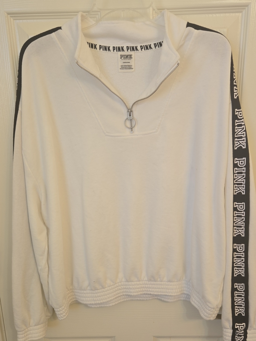 PINK Victoria's Secret White Half-Zip Pullover with Black Sleeve Tape